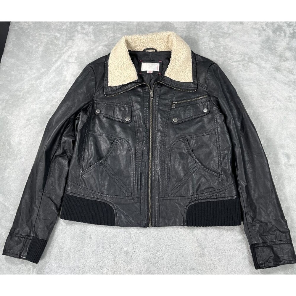 Xhilaration Faux Leather Moto Jacket Cream Sherpa Fleece Trim Black XL